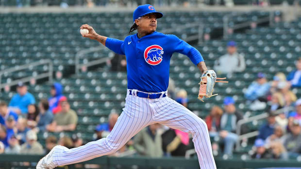 Mar 2, 2023; Mesa, Arizona, USA; Chicago Cubs starting pitcher Marcus Stroman (0) throws in the second inning against the Oakland Athletics during a Spring Training game at Sloan Park. Mandatory Credit: Matt Kartozian-USA TODAY Sports